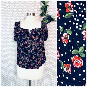 Sezane Floral Polka Dot Navy Blue Short Sleeve Blouse Off Shoulder 34 US 2 XS.